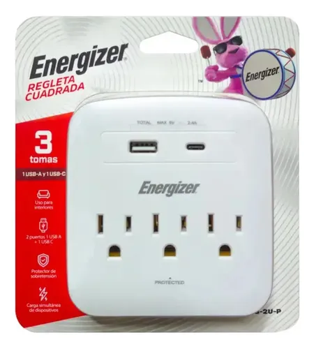 Regleta Cuadrada 3 Tomas Puerto USB-A y USB-C Energizer YB2032UP